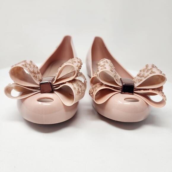 Melissa Ultragirl Sweet XVI Flats Women 9 Blush Pink Gold Accent Double Bow Peep - Picture 5 of 15